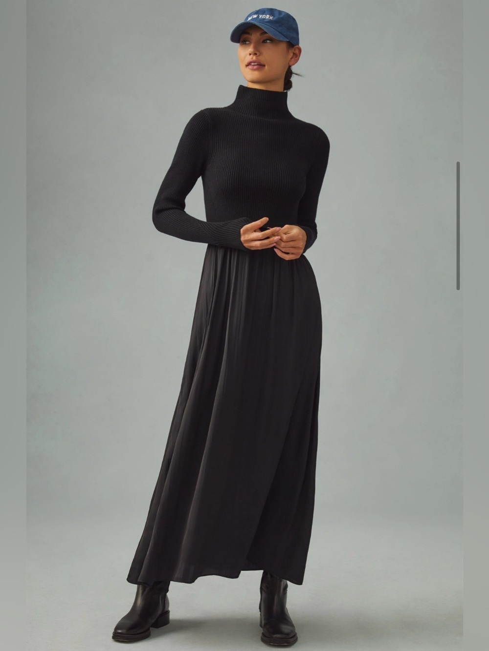 Thea Longsleeve Twofer Maxi Dress — black, size XS